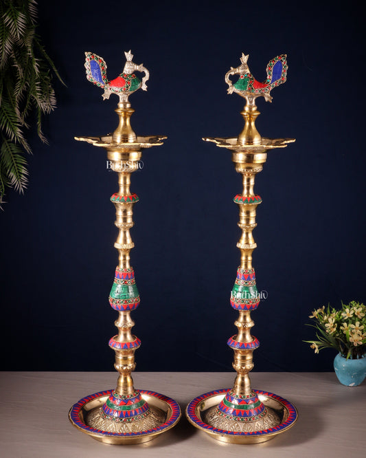 Pair of Majestic Brass Peacock Samai Lamps with Stonework – 26 Inch (2.2 Ft), Inauguration Diya (6.25 kg)