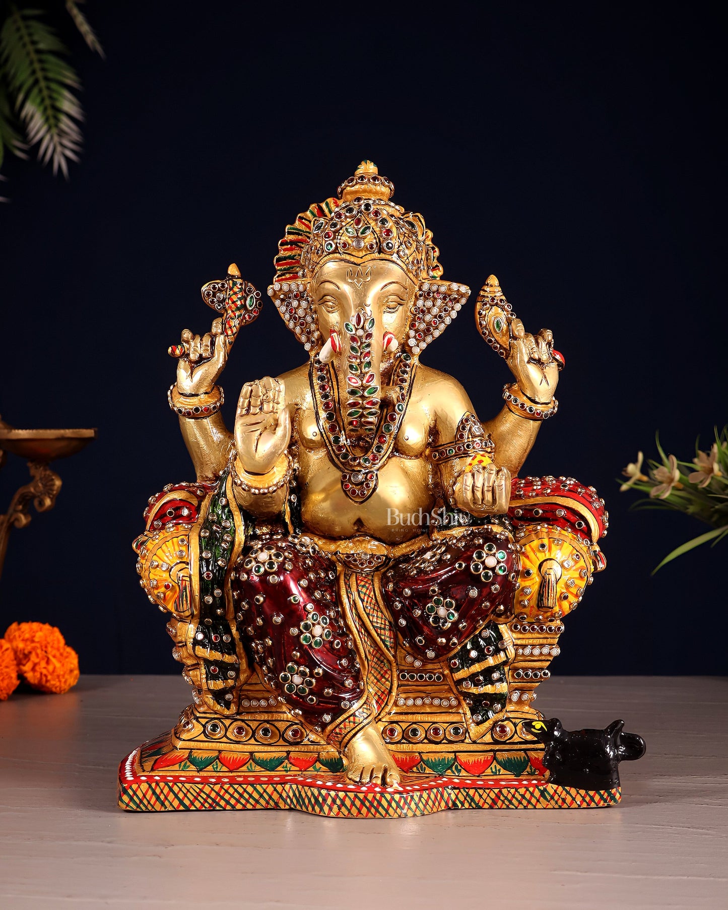 Brass Ganesha Idol with laakh meenakari | 10" Height | 100% Certified Copper & Brass - Sama Homes Idol - Brass Sculpture