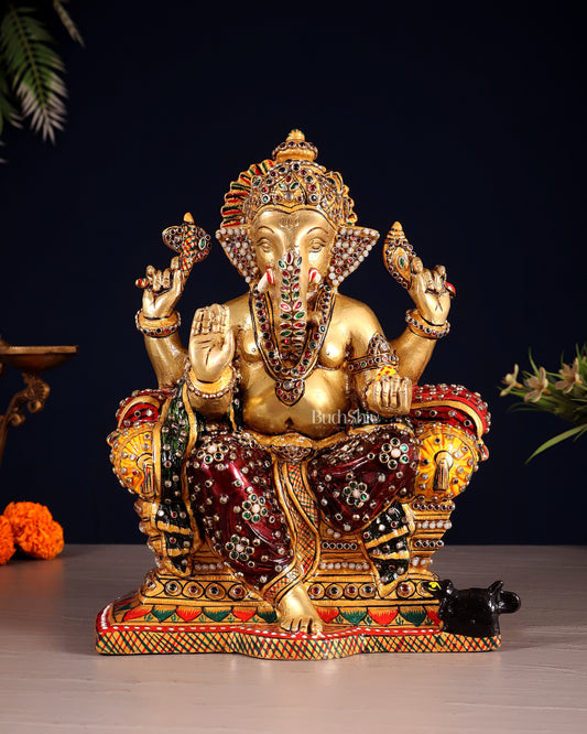 Brass Ganesha Idol with laakh meenakari | 10" Height | 100% Certified Copper & Brass - Sama Homes Idol - Brass Sculpture