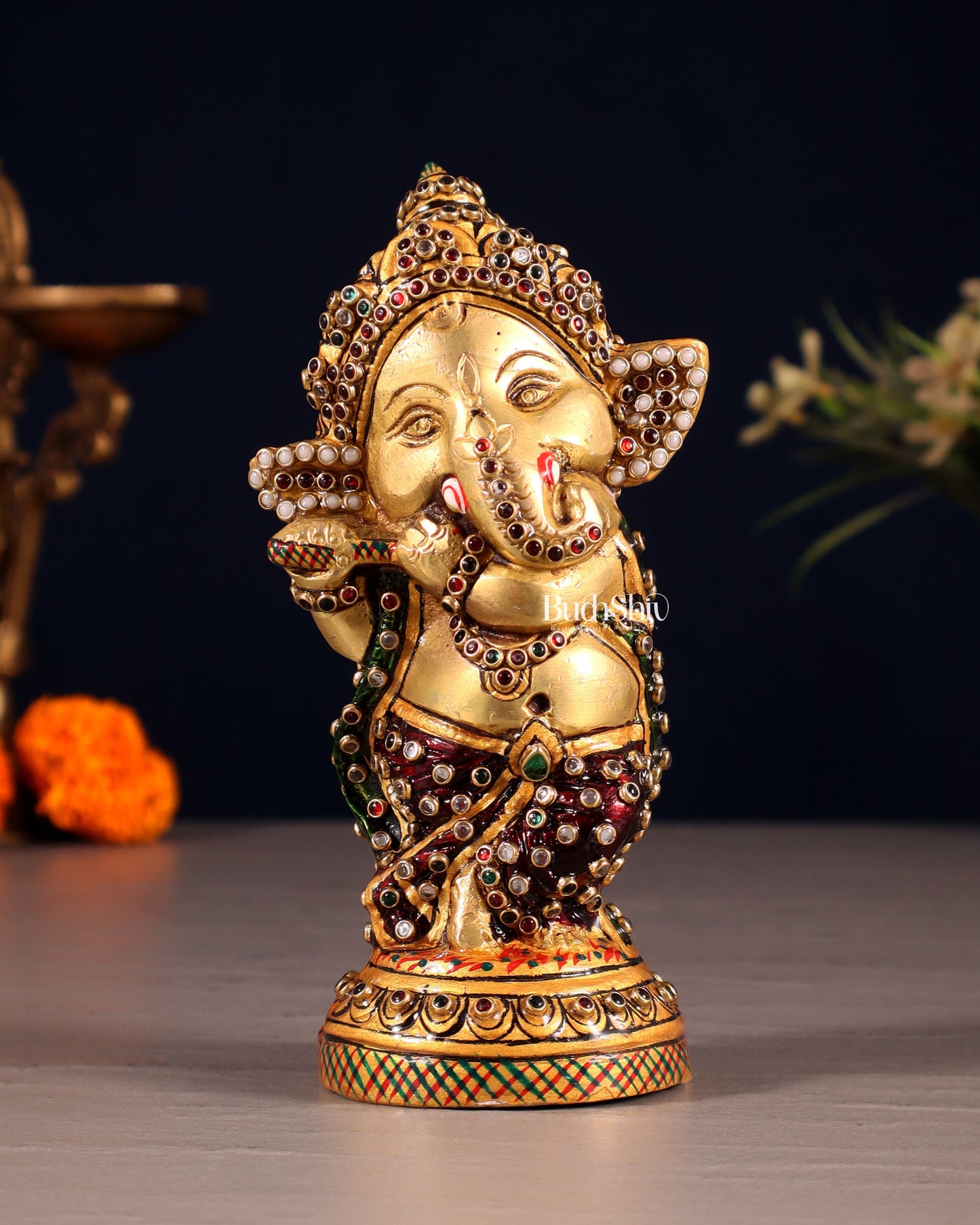 Baby Flute Ganesha Brass Idol laakh meenakari 5.5" | 100% Certified Copper & Brass - Sama Homes Idol - Brass Sculpture