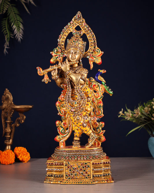 Pure Brass Lord Krishna Statue - 13.5 Inch laakh meenakari - Sama Homes Idol - Brass Sculpture