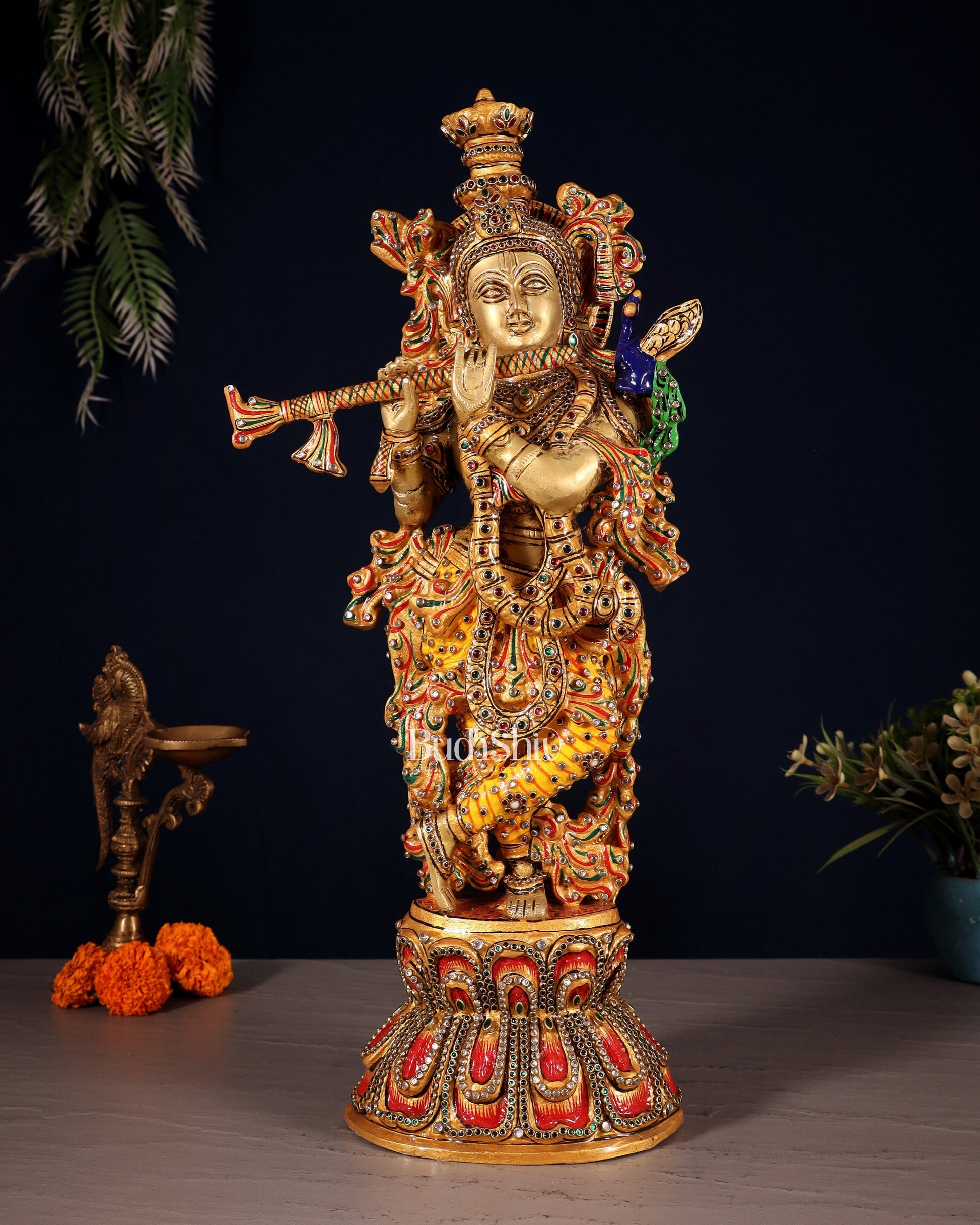 Brass Krishna Statue laakh meenakari work | 18 inch | 100% Certified Copper & Brass - Sama Homes Idol - Brass Sculpture - Eco-friendly - Sama Homes