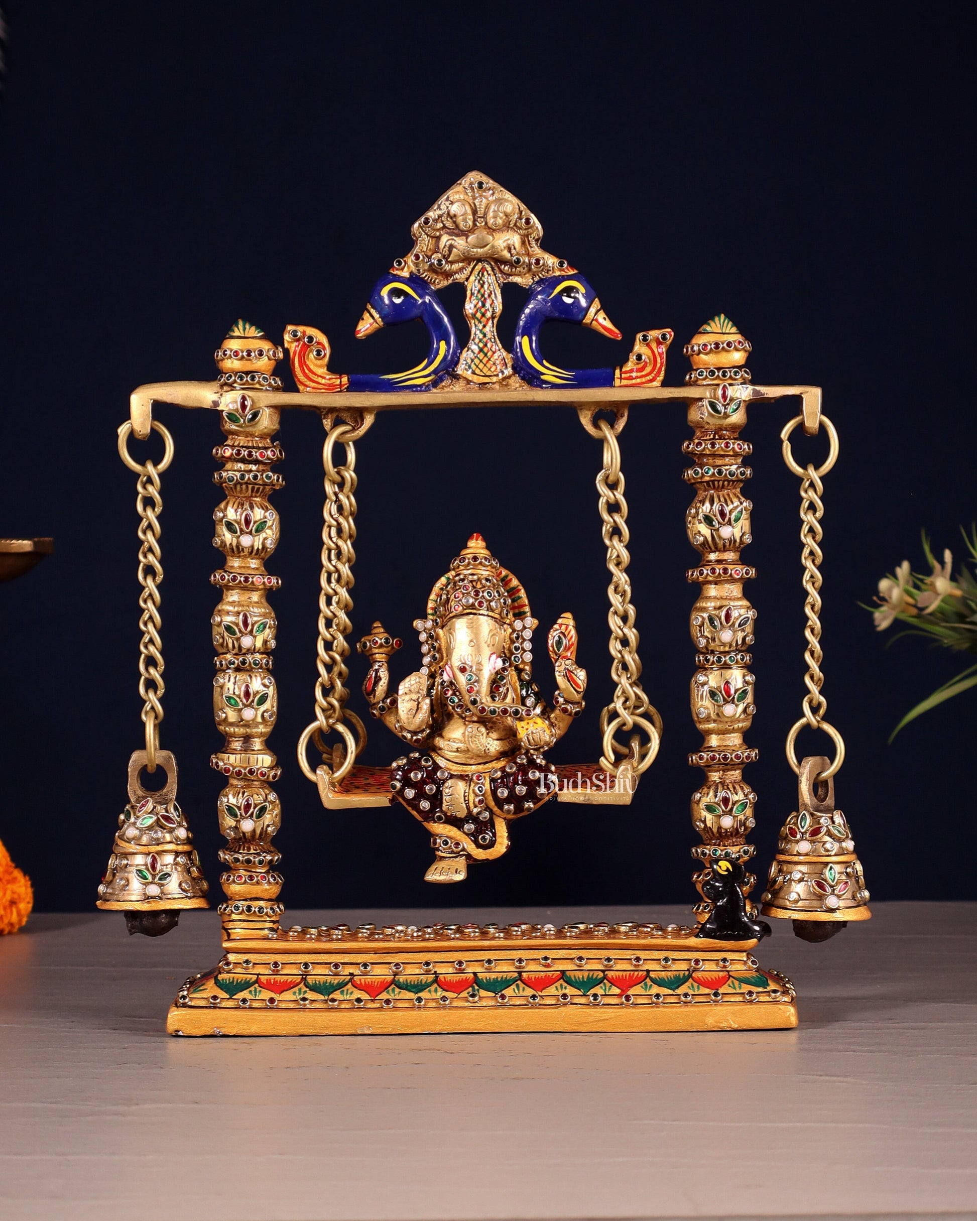 Ganesha on a swing pure brass laakh meenakari 10" - Sama Homes Idol - Brass Sculpture - Eco-friendly - Sama Homes