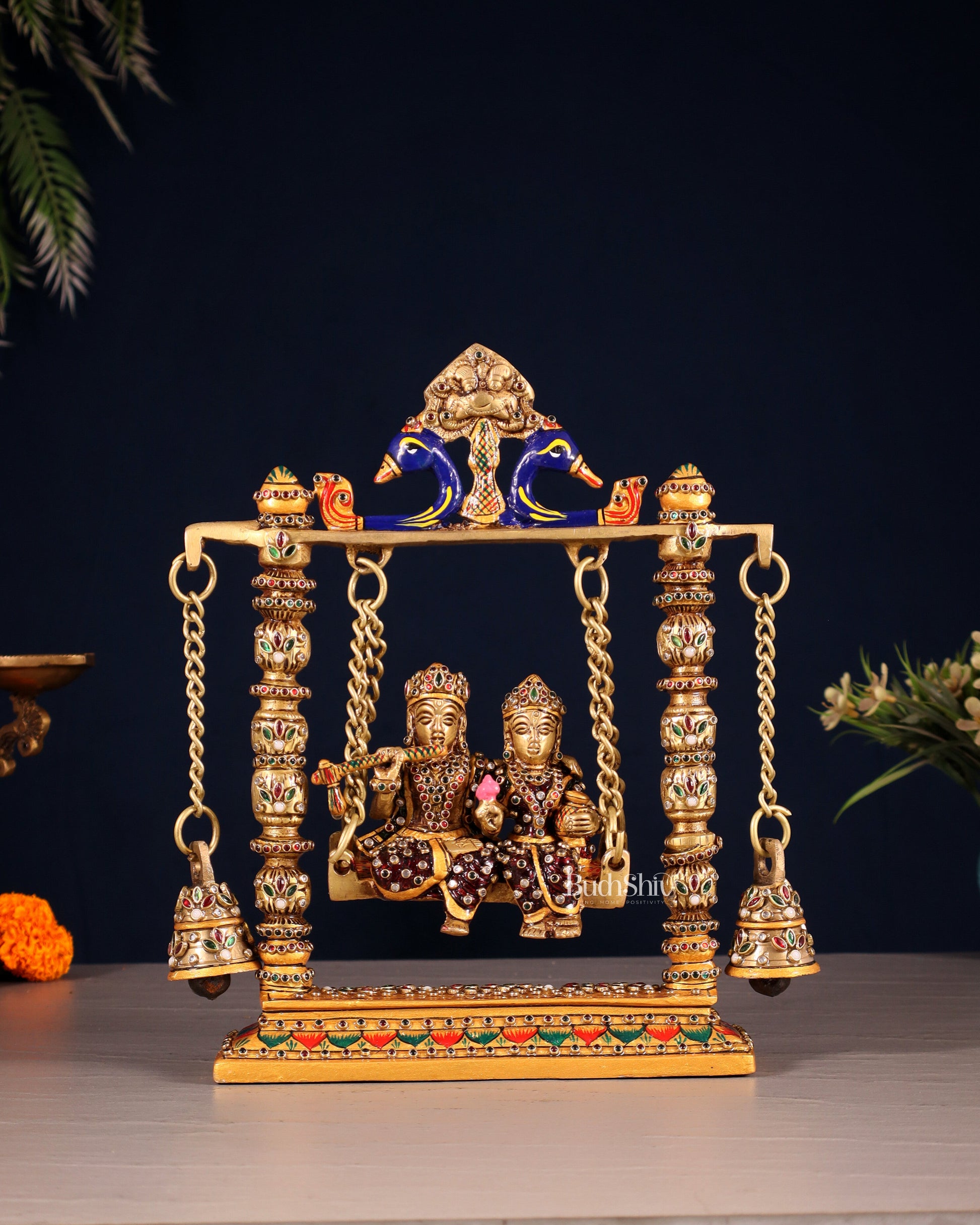 Pure Brass Radha Krishna Swing Idol - 10" laakh meenakari - Sama Homes Idol - Brass Sculpture - Eco-friendly - Sama Homes