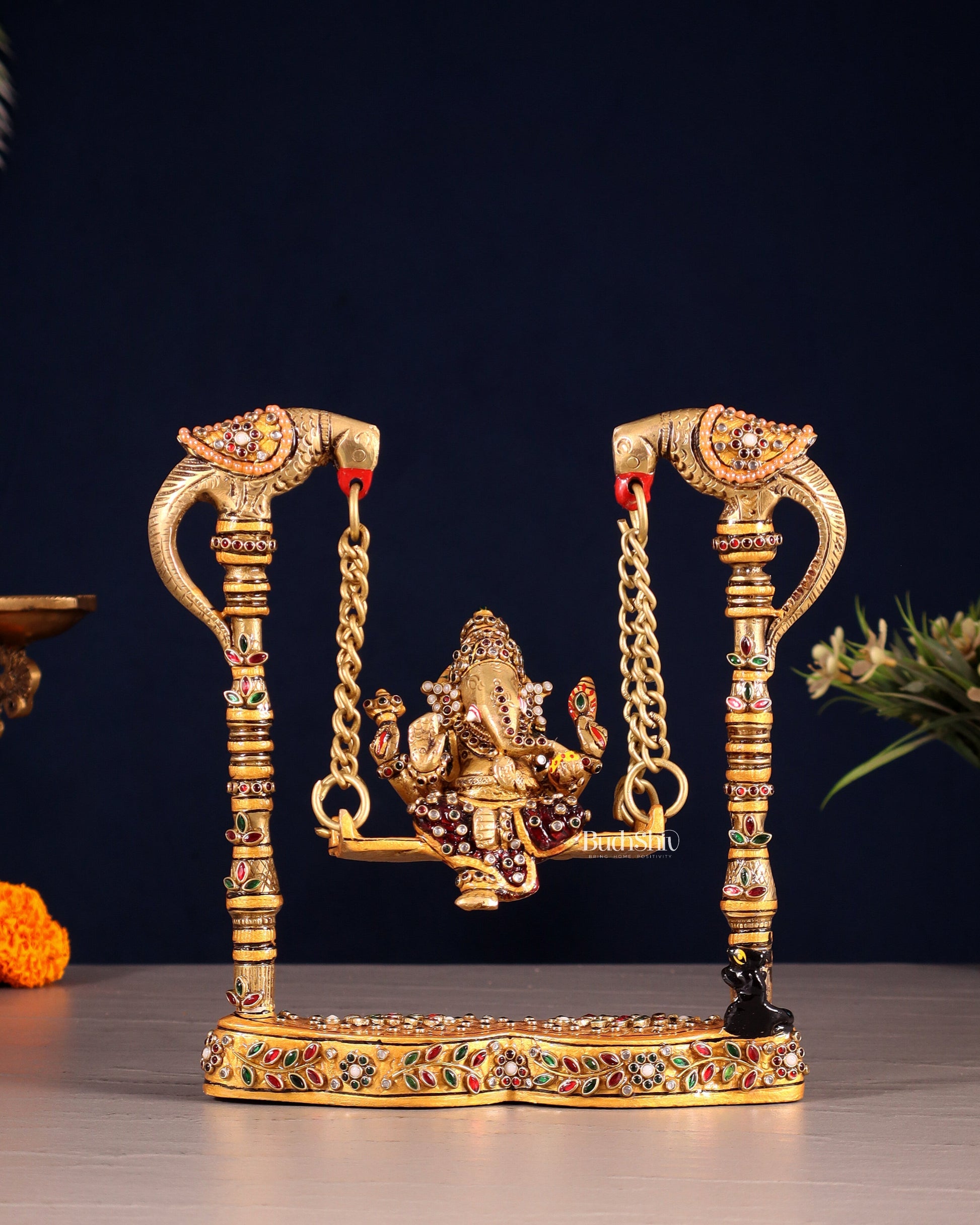 Pure Brass Lord Ganesha on Twin Parrot Swing with Laakh Meenakari 8" - Sama Homes Idol - Brass Sculpture - Eco-friendly - Sama Homes