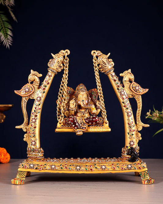 Pure Brass Ganesha Swing with Laakh Meenakari 10" - Sama Homes Idol - Brass Sculpture