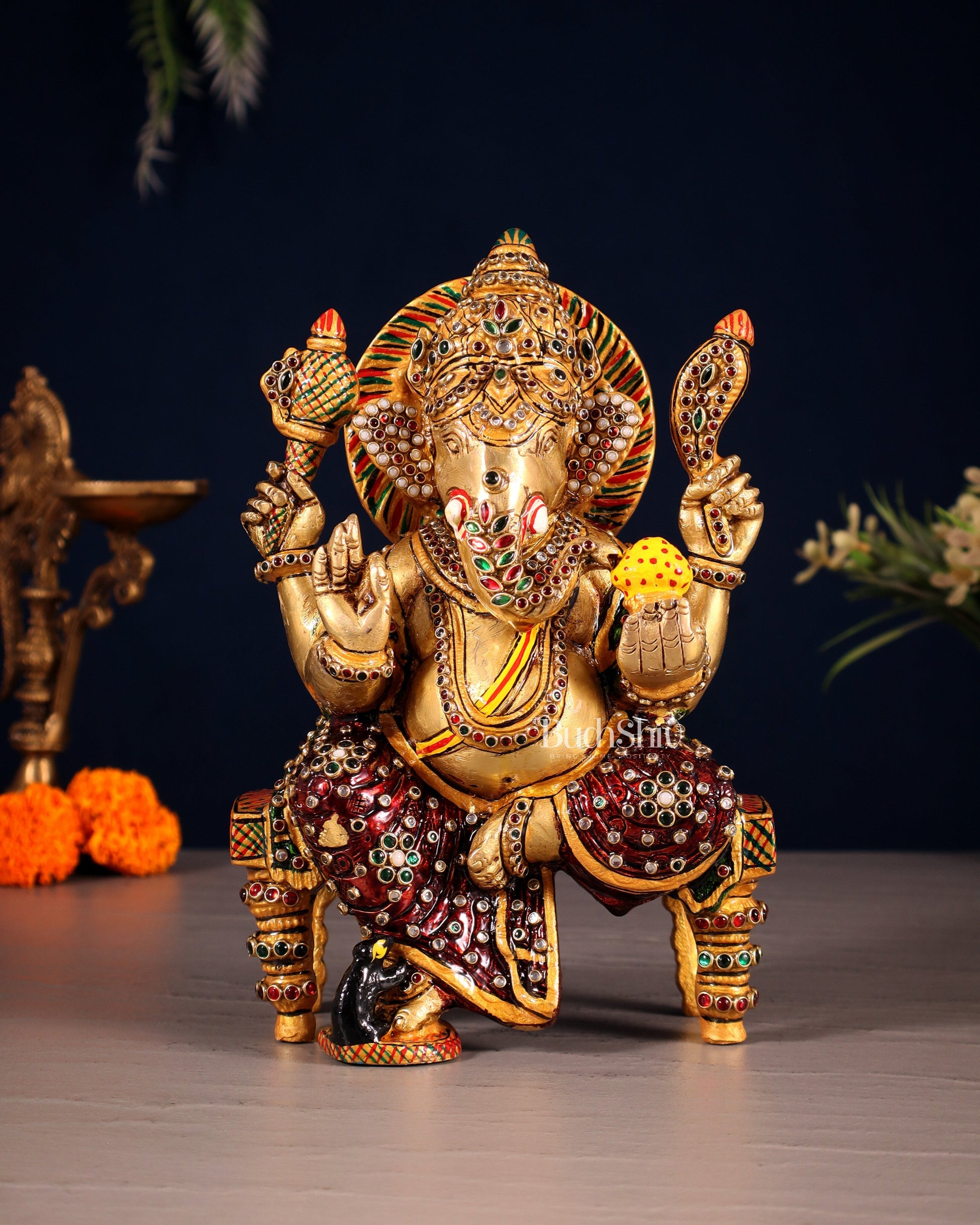 Unique Brass Lord Ganesha Decorated with Laakh Meenakari 8.5" - Sama Homes Idol - Brass Sculpture - Eco-friendly - Sama Homes