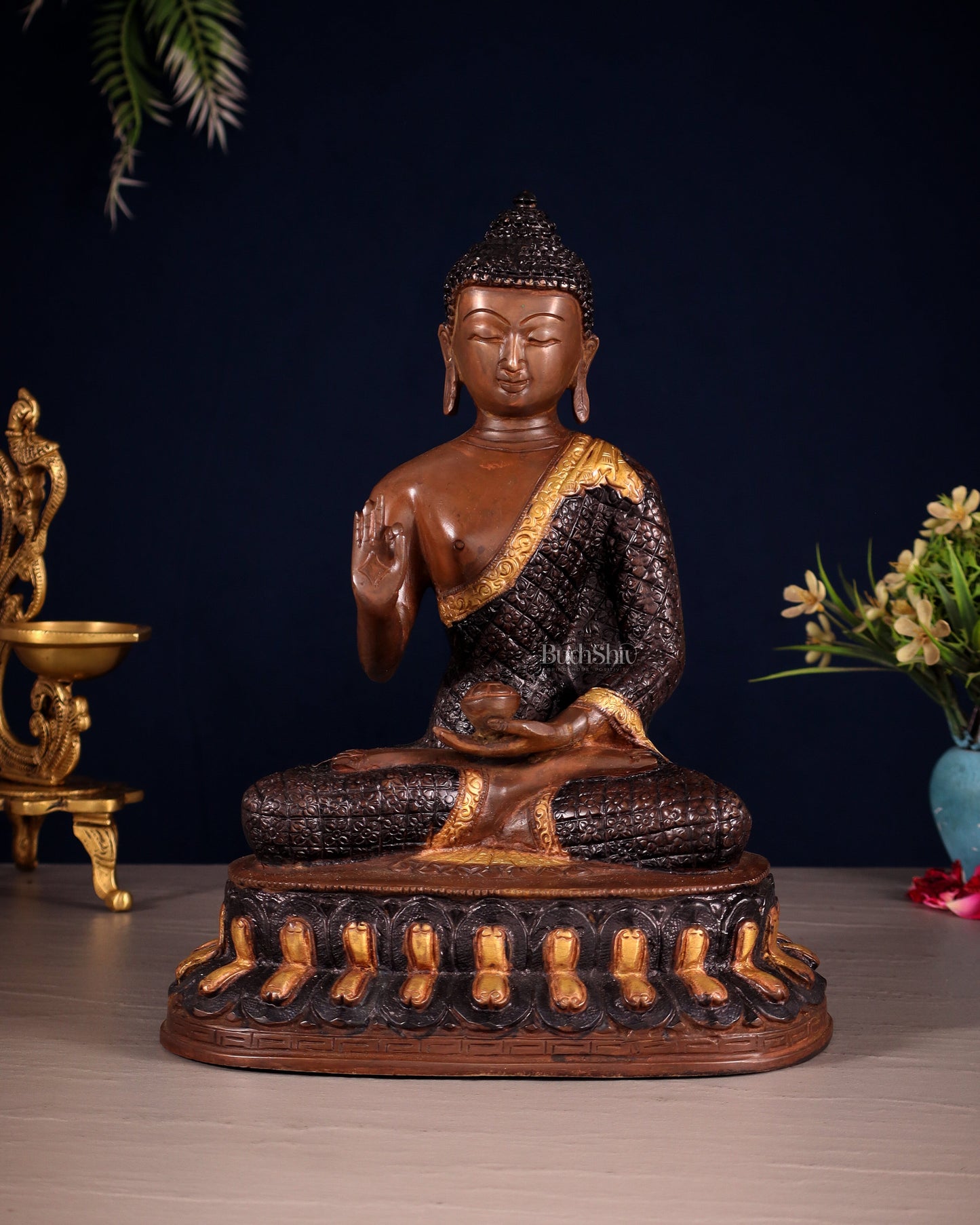 Pure Brass Buddha Statue - Nepali copper Finish, 11" Height - Sama Homes Idol - Brass Sculpture