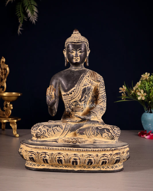 Pure Brass Buddha Statue with Animal Carvings – Sand Finish | 9.75" - Sama Homes Idol - Brass Sculpture