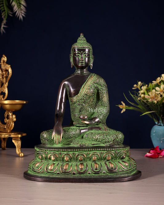 Pure Brass Nirvana Buddha with Carvings – Black & Green Tone | 9" - Sama Homes Idol - Brass Sculpture