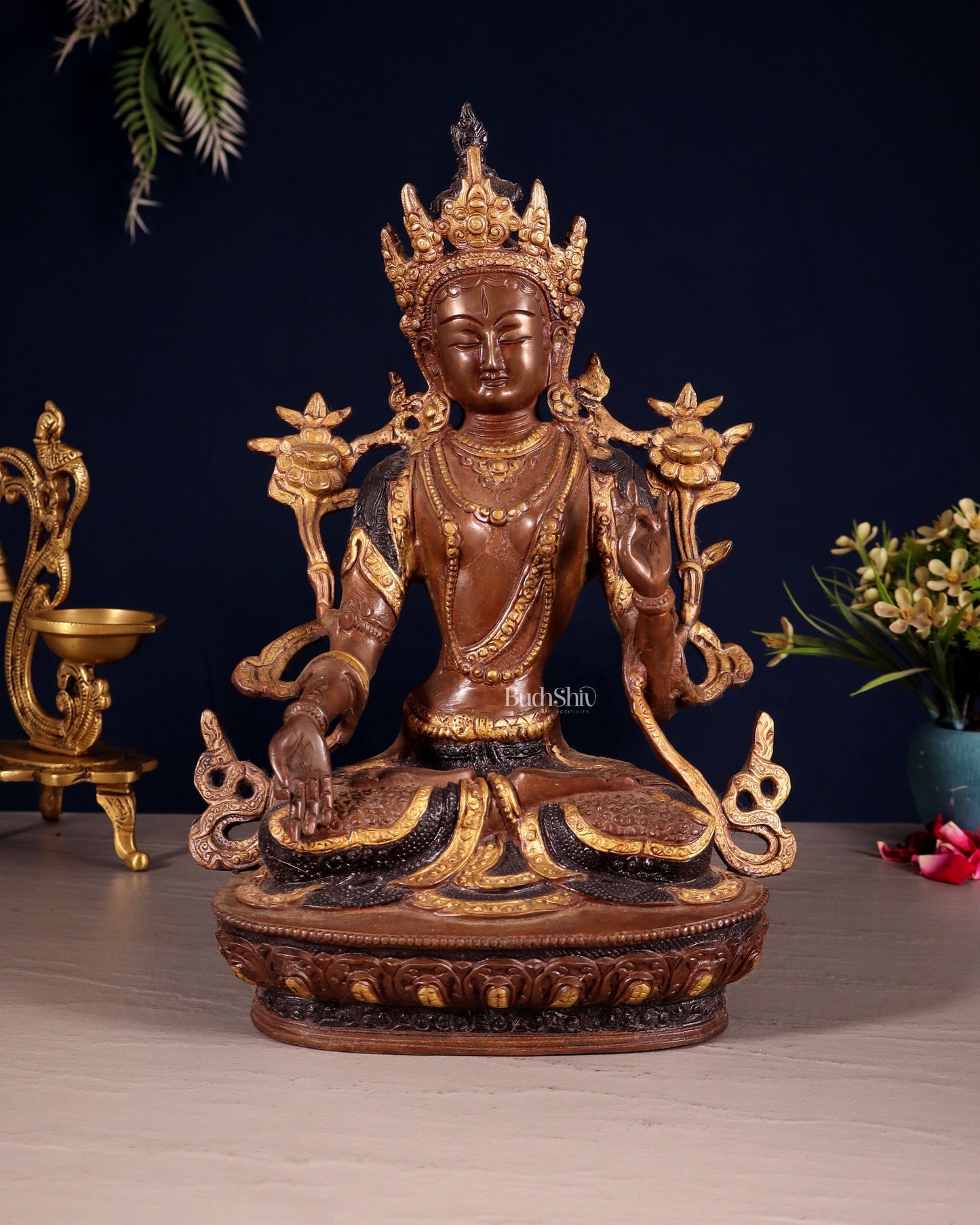 White Tara Pure Brass Statue – Nepalese Copper Tone | 12" - Sama Homes Idol - Brass Sculpture