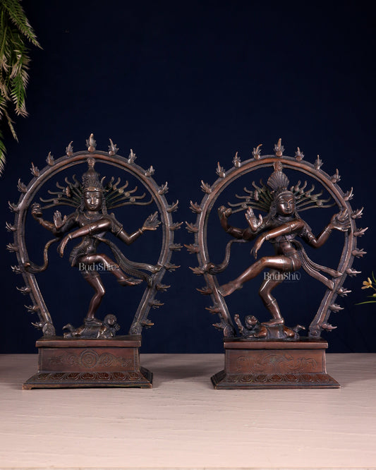 Pair of Chola Style Brass Nataraja Statues – Vintage Tone (Mirror Image Set) 12" - Sama Homes Idol - Brass Sculpture