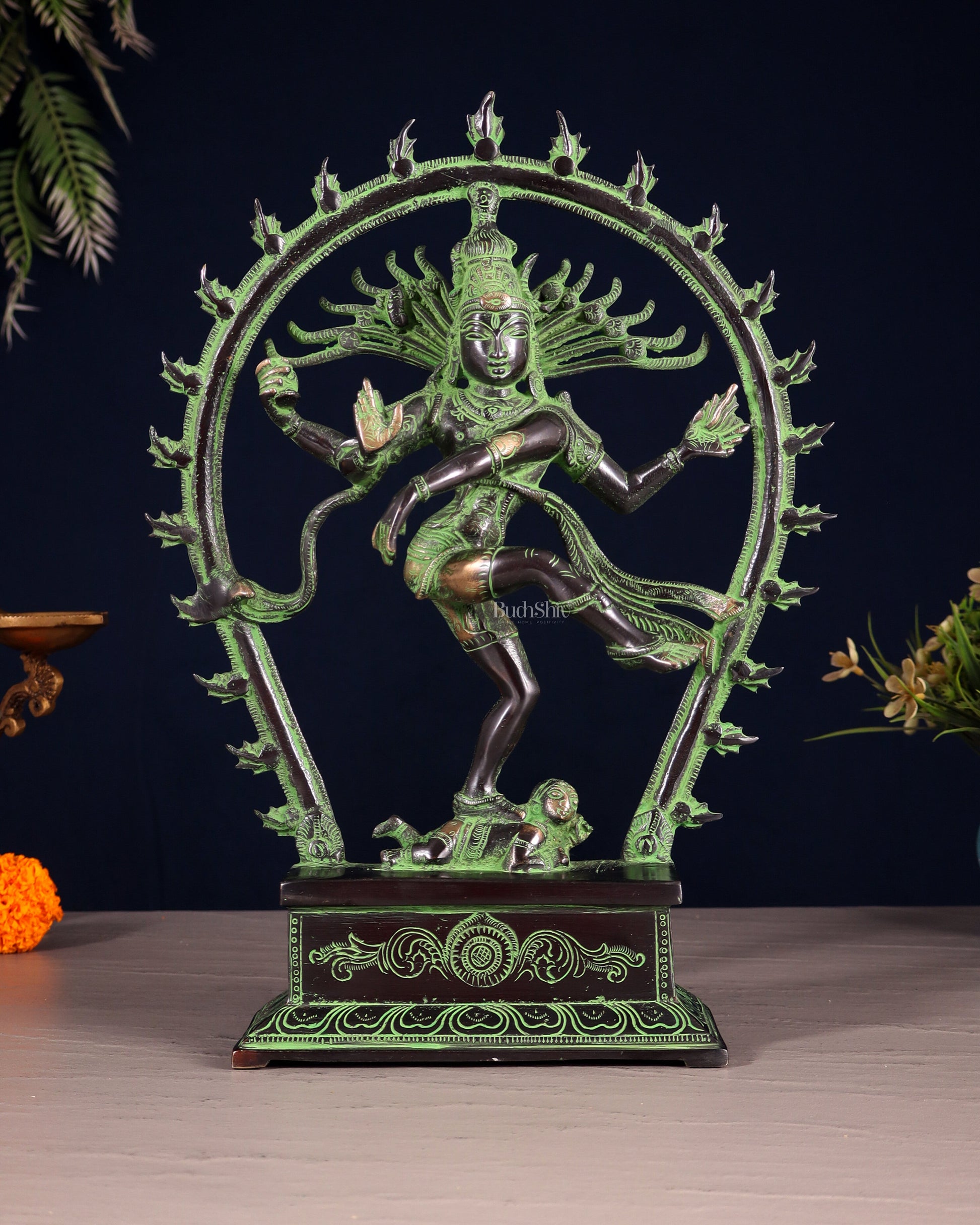 Brass Nataraja Statue – Black & Green Patina Tone 12" right leg up | 100% Certified Copper & Brass - Sama Homes Idol - Brass Sculpture - Eco-friendly - Sama Homes