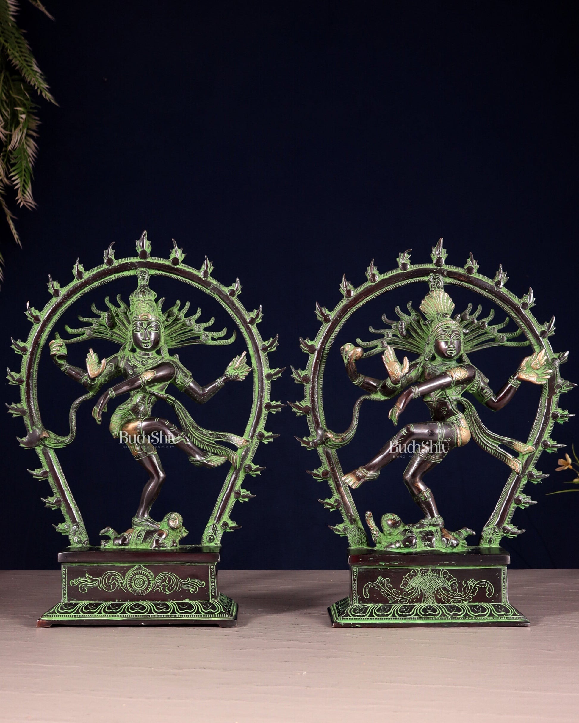 Pair of Brass Nataraja Statues – Black & Green Patina Tone (Mirror Image Set) 12" - Sama Homes Idol - Brass Sculpture - Eco-friendly - Sama Homes