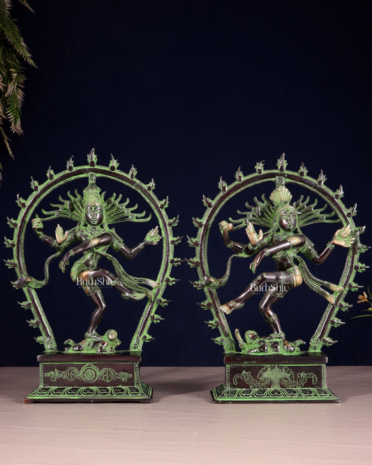 Pair of Brass Nataraja Statues – Black & Green Patina Tone (Mirror Image Set) 12" - Sama Homes Idol - Brass Sculpture
