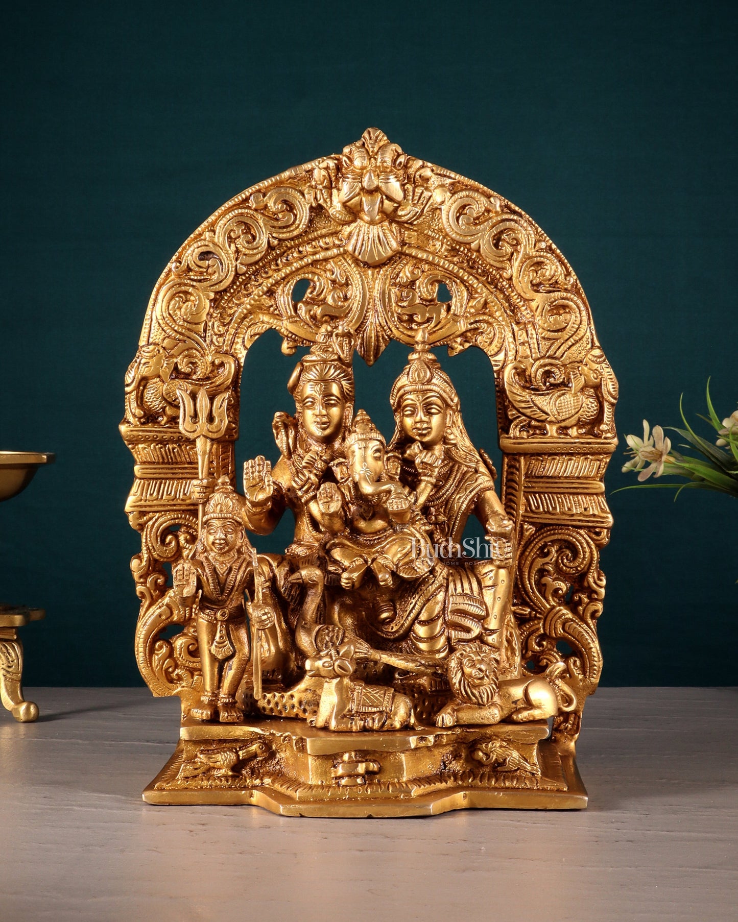 Pure Brass Lord Shiva Parivar with Arch 9" - Sama Homes Idol - Brass Sculpture