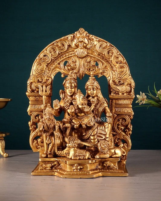 Pure Brass Lord Shiva Parivar with Arch 9" - Sama Homes Idol - Brass Sculpture