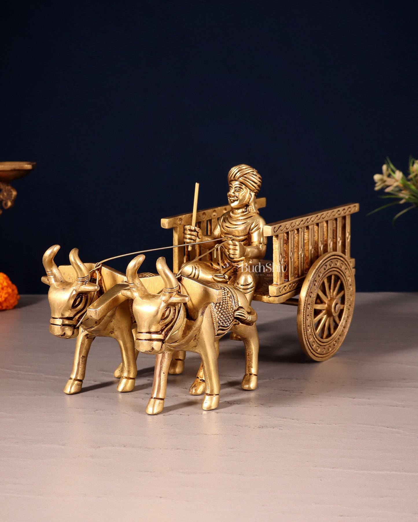 Pure Brass Indian Villager Bullock Cart – Traditional Showpiece & Gift 11" wide. - Sama Homes Idol - Brass Sculpture