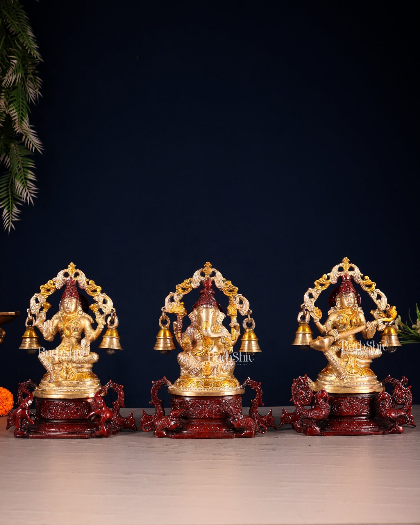 Pure Brass Ganesh Lakshmi Saraswati Idol Set 8.2 inch - Sama Homes Idol - Brass Sculpture