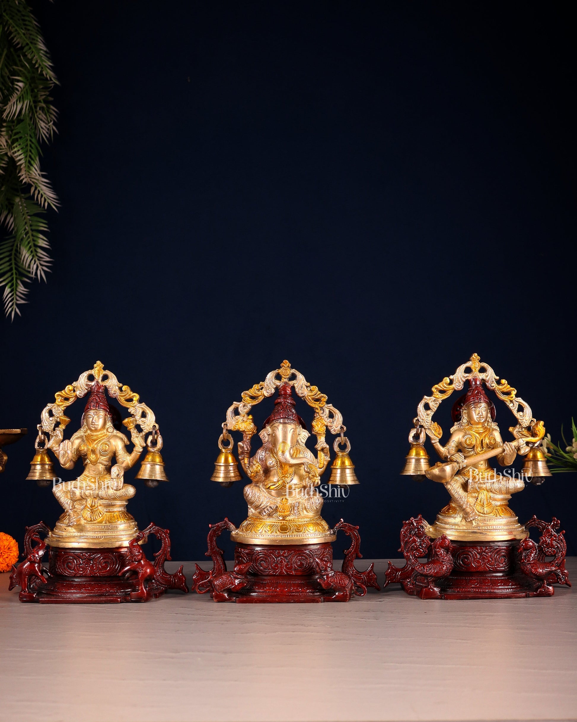 Pure Brass Ganesh Lakshmi Saraswati Idol Set 8.2 inch - Sama Homes Idol - Brass Sculpture - Eco-friendly - Sama Homes