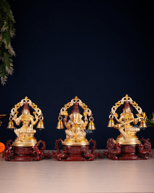 Pure Brass Ganesh Lakshmi Saraswati Idol Set 8.2 inch - Sama Homes Idol - Brass Sculpture