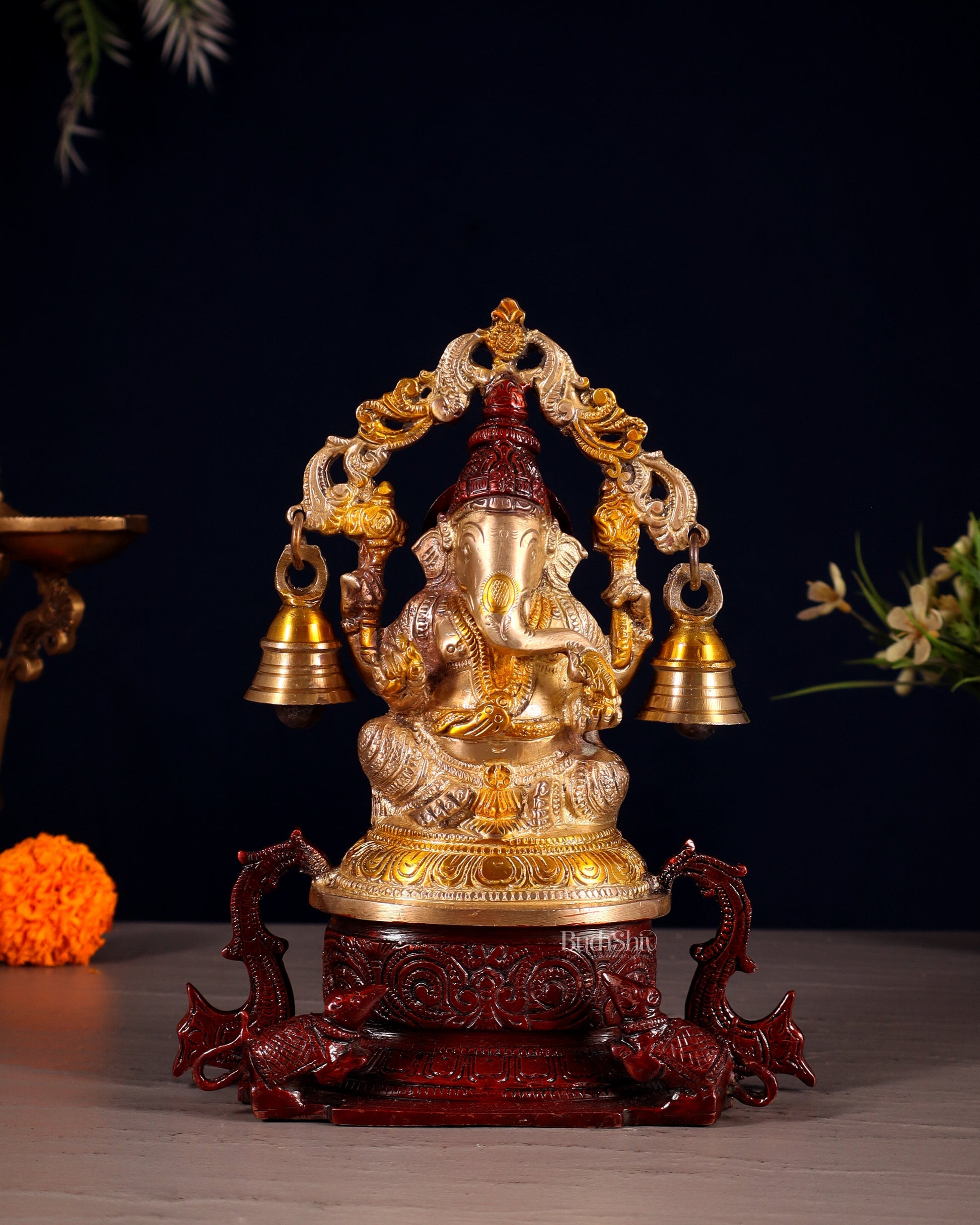 Pure Brass Lord Ganesha Idol with Prabhavali, Vahan & Hanging Bells – Dual Tone 8.2" - Sama Homes Idol - Brass Sculpture - Eco-friendly - Sama Homes