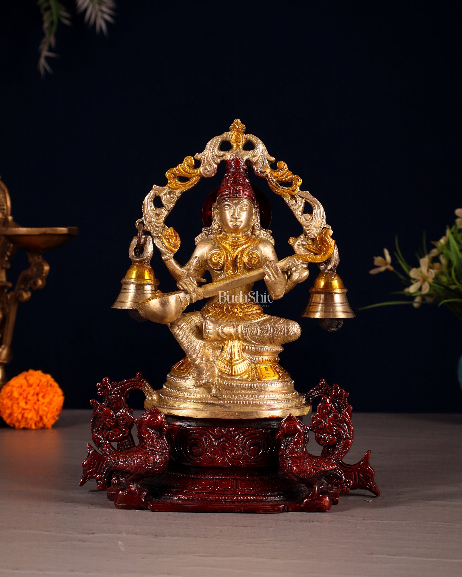 Pure Brass Goddess Saraswati Idol with Prabhavali, Peacock Vahan & Hanging Bells 8" - Sama Homes Idol - Brass Sculpture - Eco-friendly - Sama Homes