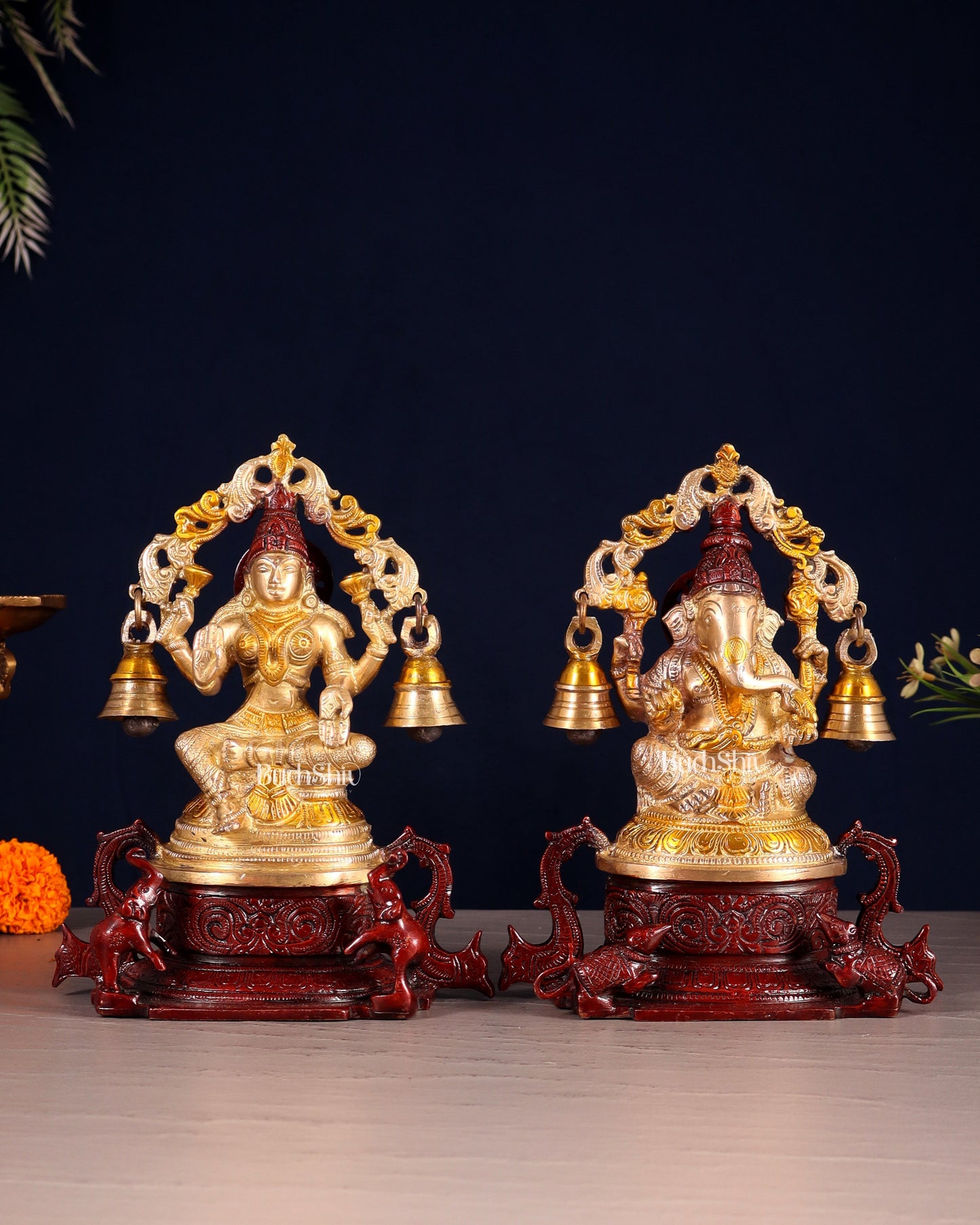 Pure Brass Ganesh Lakshmi Idol Pair with Prabhavali & Hanging Bells 8.2" - Sama Homes Idol - Brass Sculpture