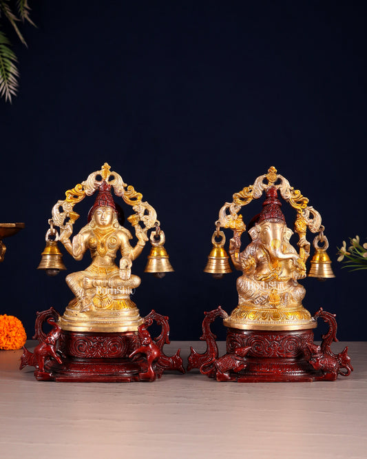 Pure Brass Ganesh Lakshmi Idol Pair with Prabhavali & Hanging Bells 8.2" - Sama Homes Idol - Brass Sculpture
