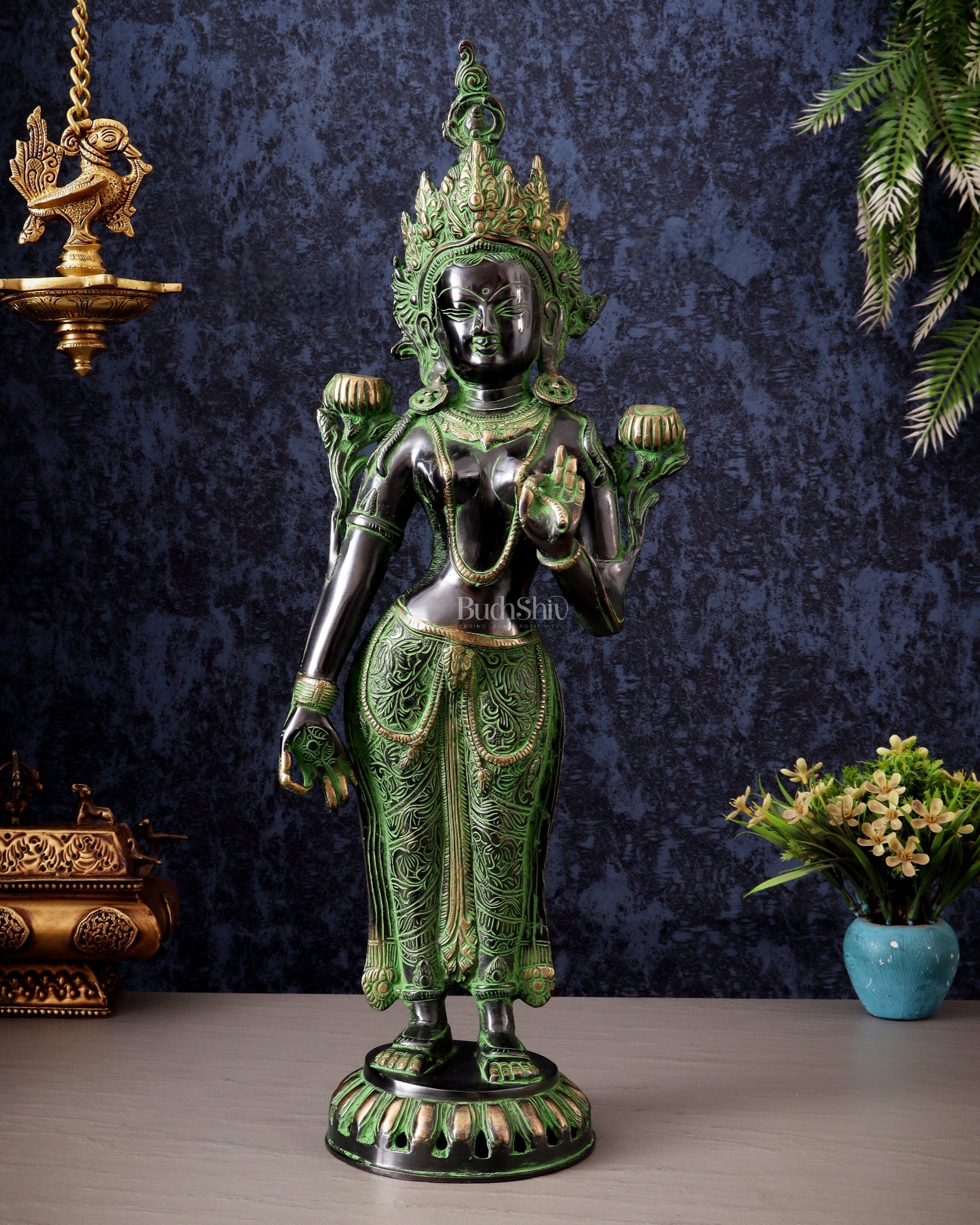 Pure Brass Standing Goddess Tara Idol – Dual Tone black & green Finish 19.5" - Sama Homes Idol - Brass Sculpture - Eco-friendly - Sama Homes