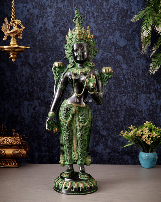 Pure Brass Standing Goddess Tara Idol – Dual Tone black & green Finish 19.5" - Sama Homes Idol - Brass Sculpture
