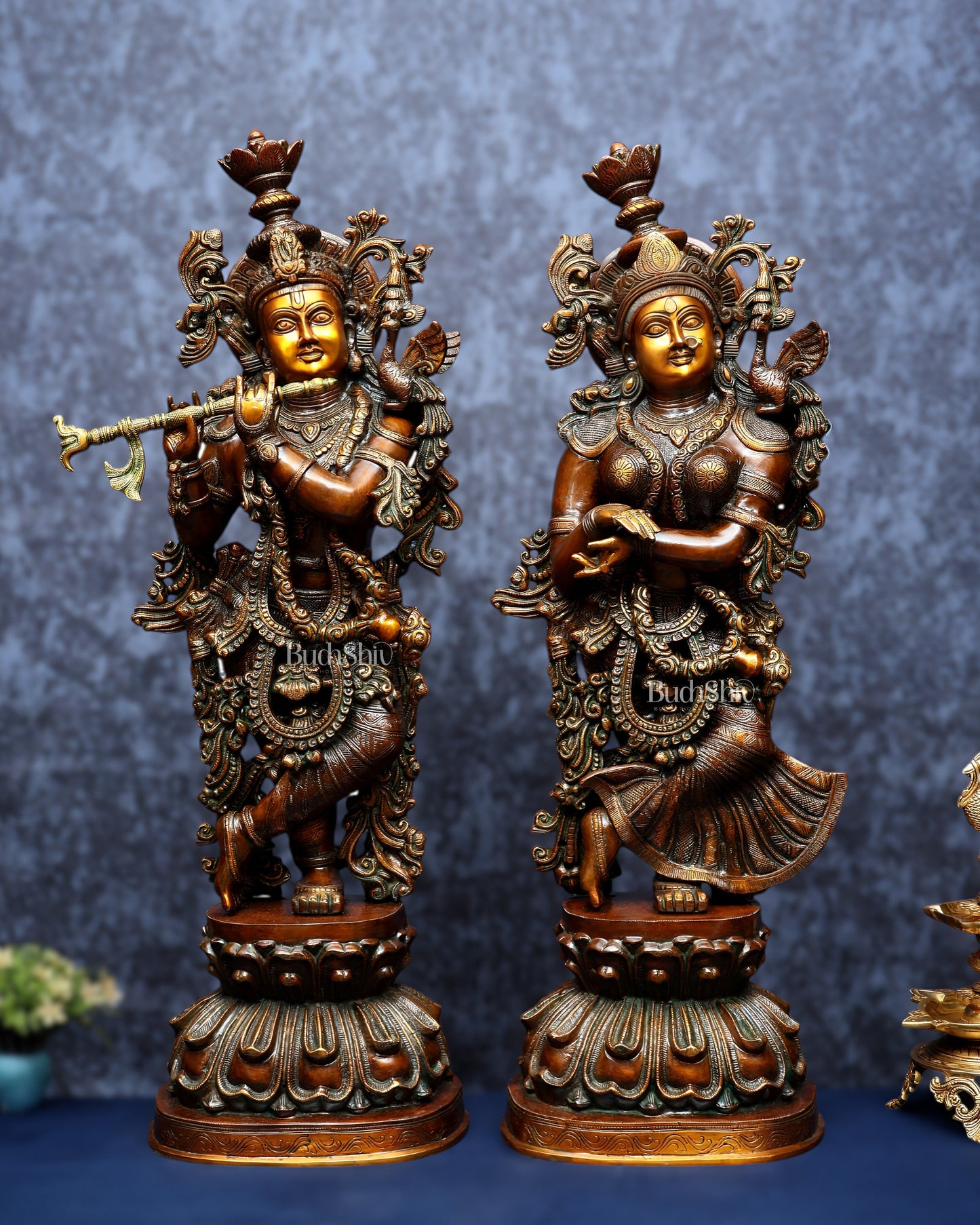 Pure Brass Radha Krishna Sculptures – Chola Style (Large Pair) 36" - Sama Homes Idol - Brass Sculpture