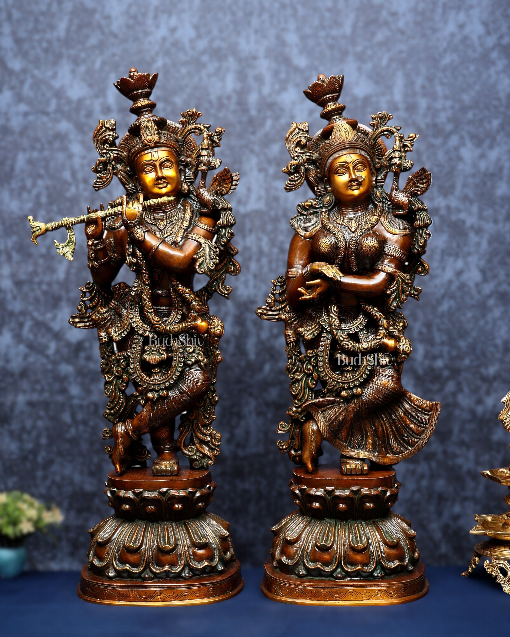 Pure Brass Radha Krishna Sculptures – Chola Style (Large Pair) 36" - Sama Homes Idol - Brass Sculpture - Eco-friendly - Sama Homes
