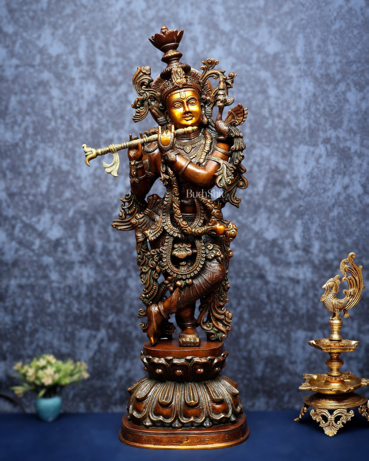 Pure Brass Large Lord Krishna Sculpture – Chola Style 36" - Sama Homes Idol - Brass Sculpture