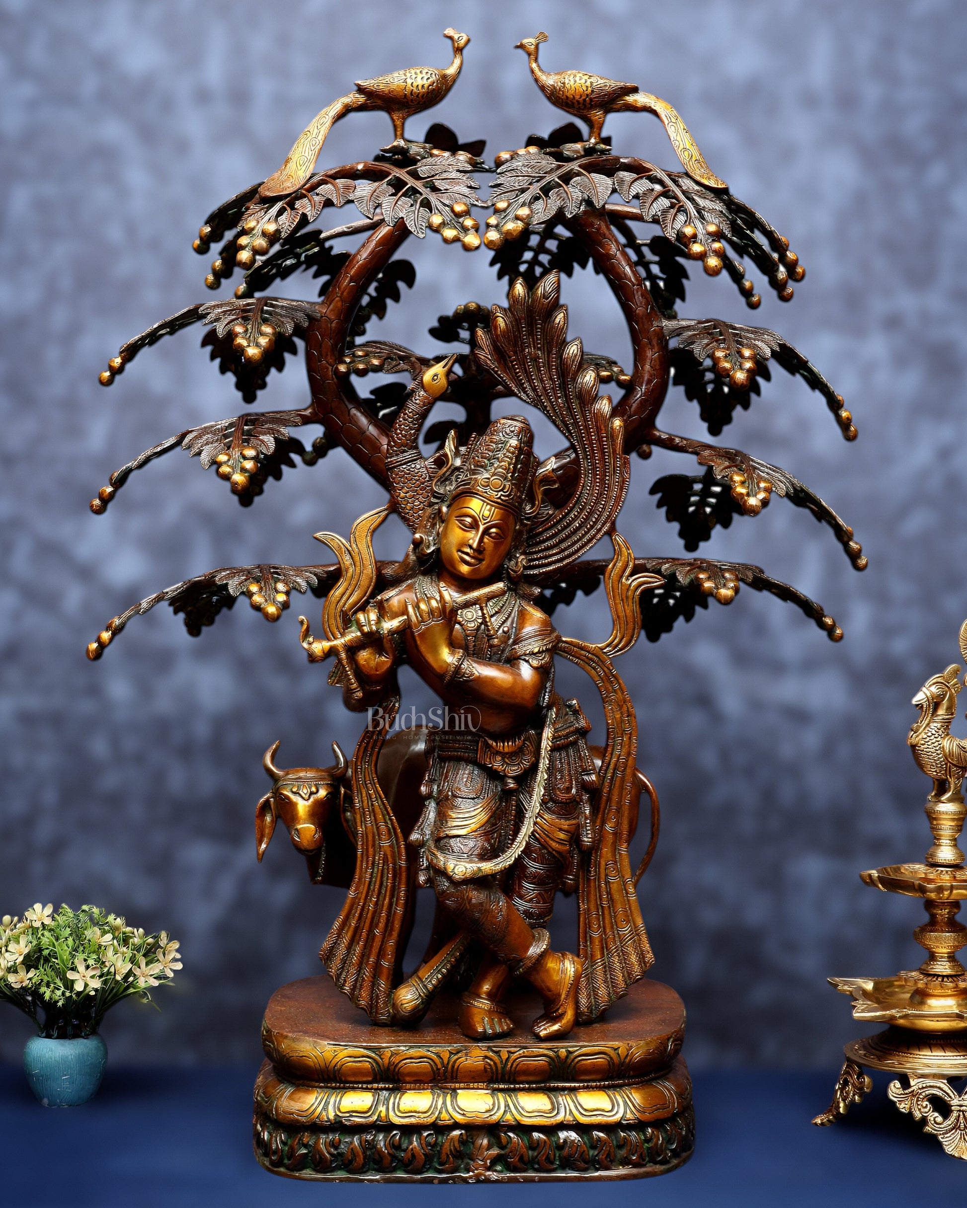 Vintage Brass Lord Krishna with Cow under Kalpavriksha – Large Statue 33" - Sama Homes Idol - Brass Sculpture - Eco-friendly - Sama Homes