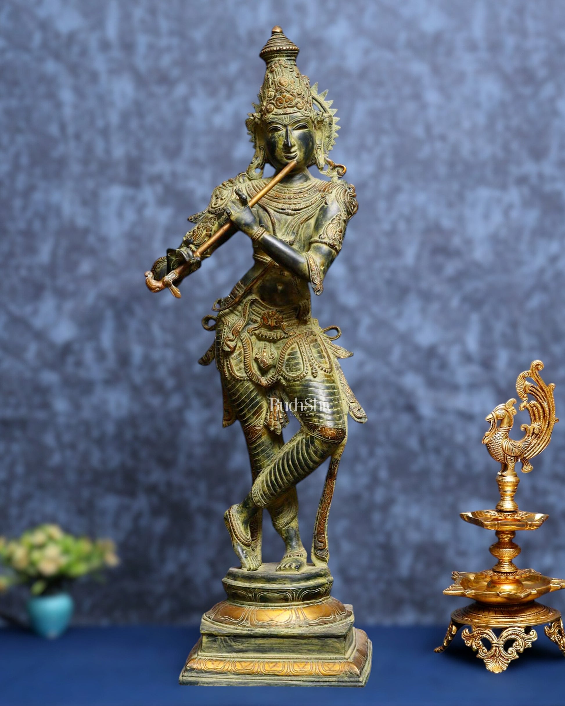 Vintage Krishna Brass Statue 35 inch algae green patina - Sama Homes Idol - Brass Sculpture - Eco-friendly - Sama Homes