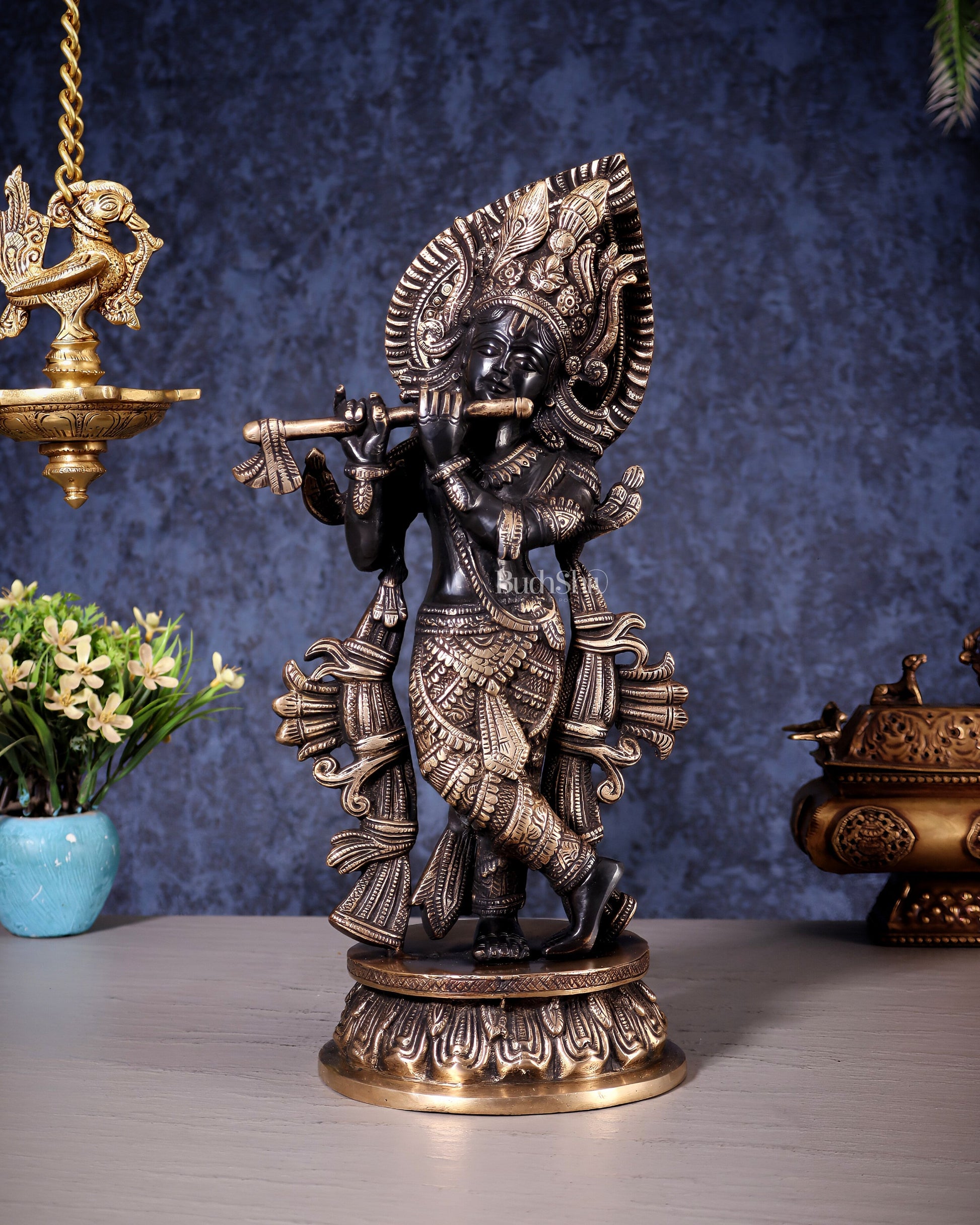 Pure Brass Lord Krishna Divine Idol – 12.5 Inch black and gold - Sama Homes Idol - Brass Sculpture - Eco-friendly - Sama Homes
