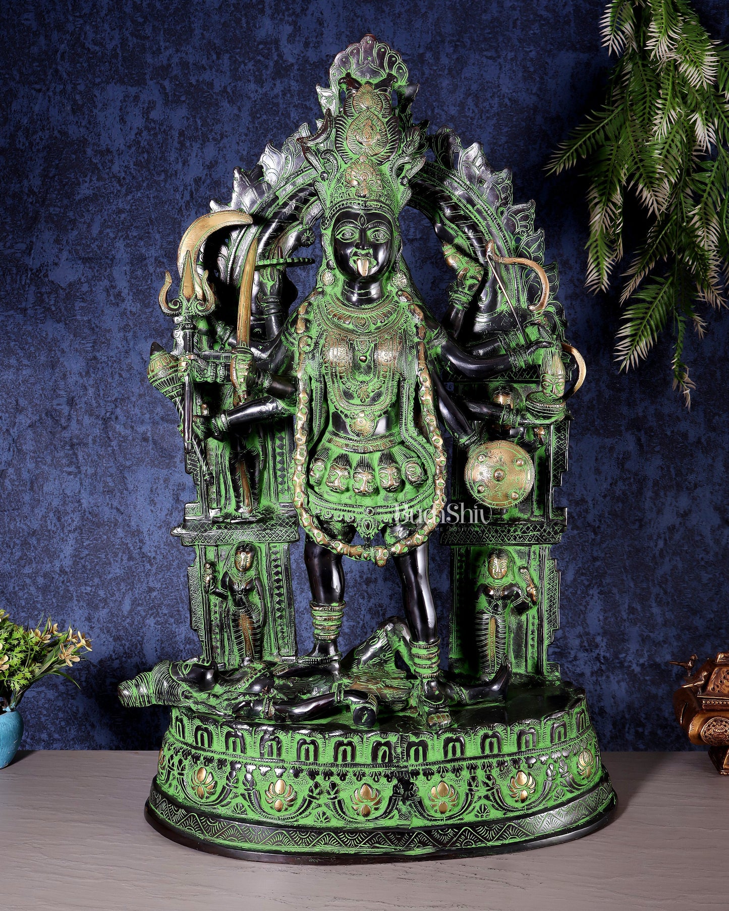 Brass Kali Mata with Temple Arch – Dashabhuja Form (Black-Green Tone) 28" | 100% Certified Copper & Brass - Sama Homes Idol - Brass Sculpture