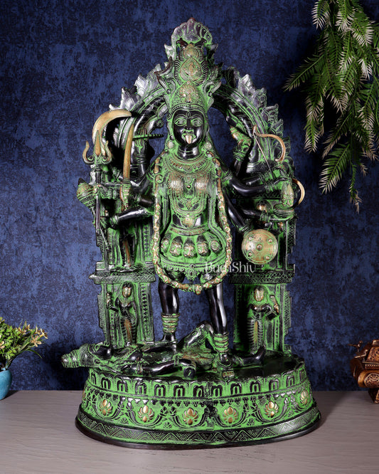 Brass Kali Mata with Temple Arch – Dashabhuja Form (Black-Green Tone) 28" | 100% Certified Copper & Brass - Sama Homes Idol - Brass Sculpture