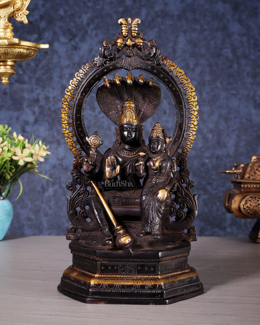 Pure Brass Vishnu Lakshmi Idol Seated with Sheshanaaga - 10" Divine Black and gold - Sama Homes Idol - Brass Sculpture