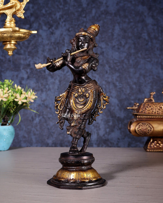 Unique Brass Krishna Statue - Sleek Design 9.5 Inches black and golden tone - Sama Homes Idol - Brass Sculpture