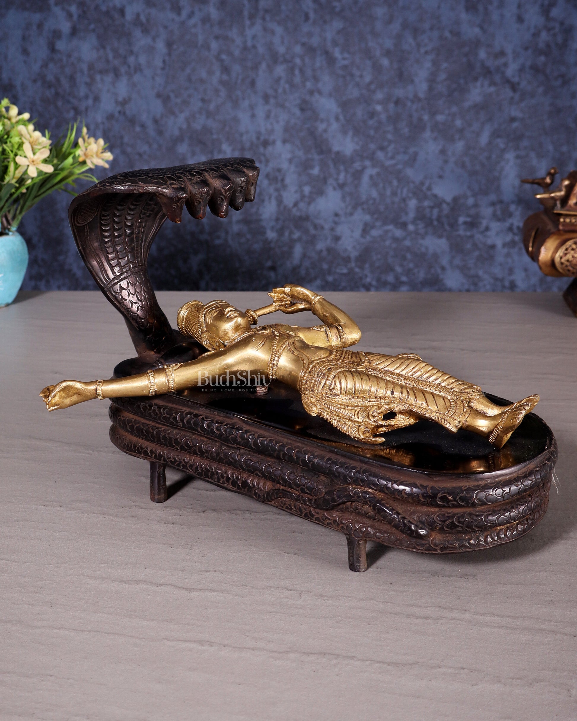 Brass Lord Vishnu in Yog Nidra on Sheshanaaga – Superfine Sculpture 9.5" | 100% Certified Copper & Brass - Sama Homes Idol - Brass Sculpture - Eco-friendly - Sama Homes
