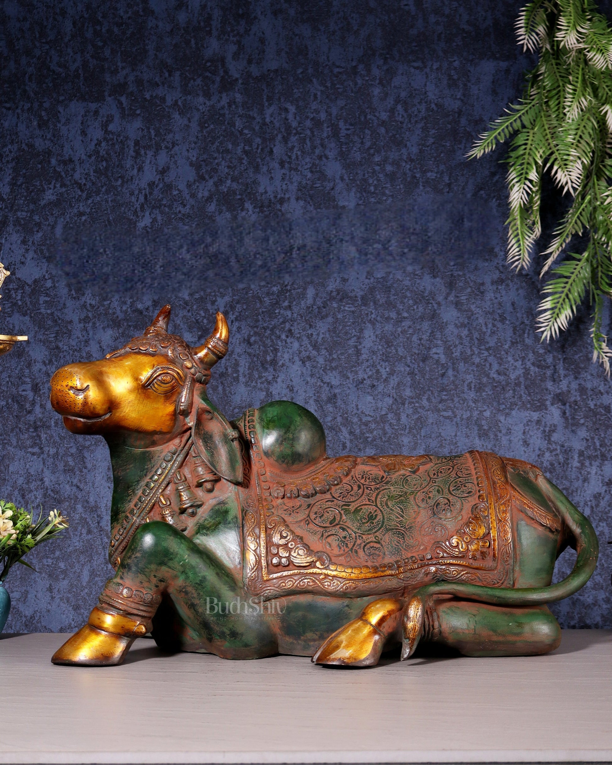 Exquisite Handcrafted Brass Nandi Idol – Vintage Green & Red Patina 21" - Sama Homes Idol - Brass Sculpture - Eco-friendly - Sama Homes