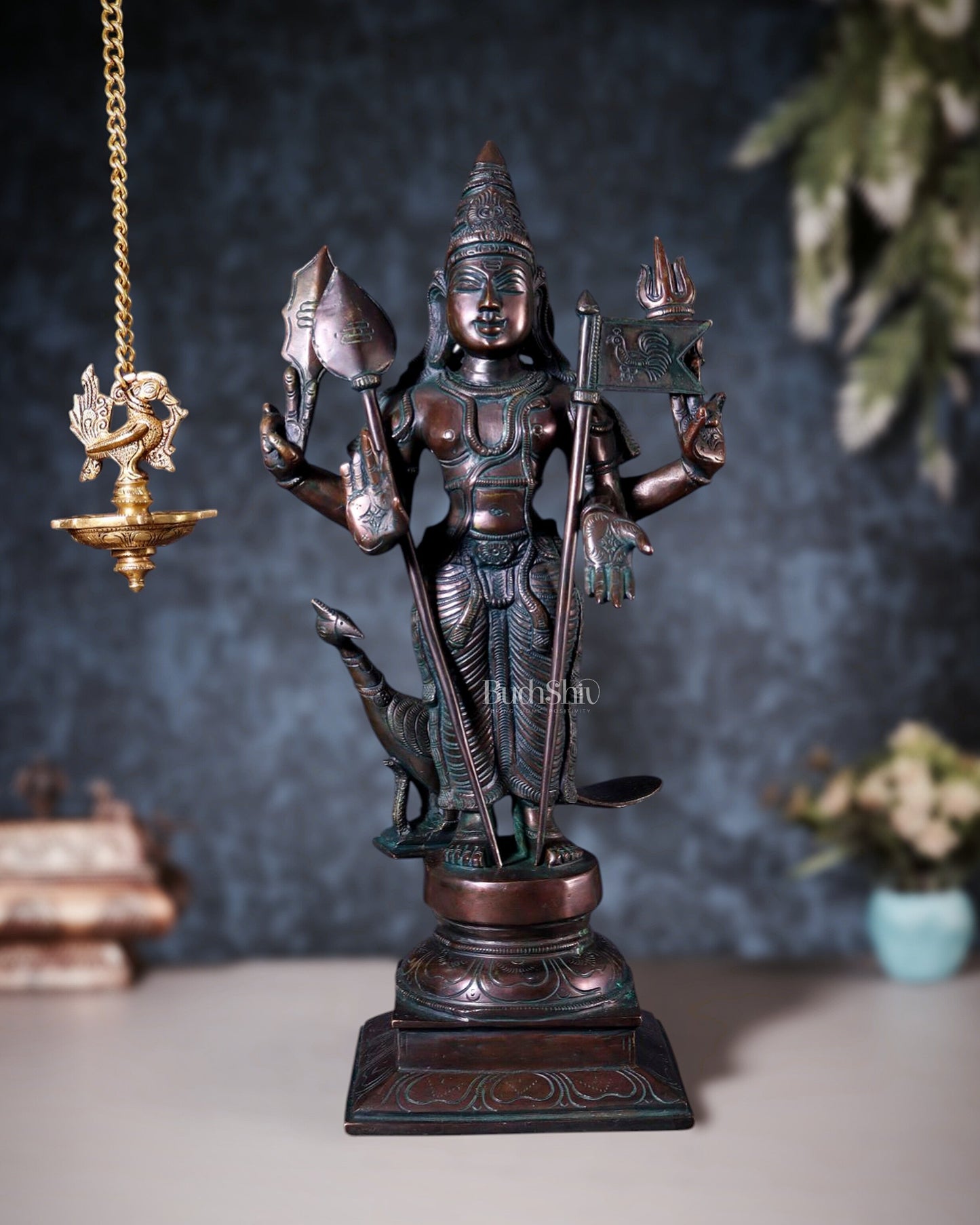 Pure Brass Lord Murugan Statue with Vel and Flag – Bronze Tone 21" - Sama Homes Idol - Brass Sculpture