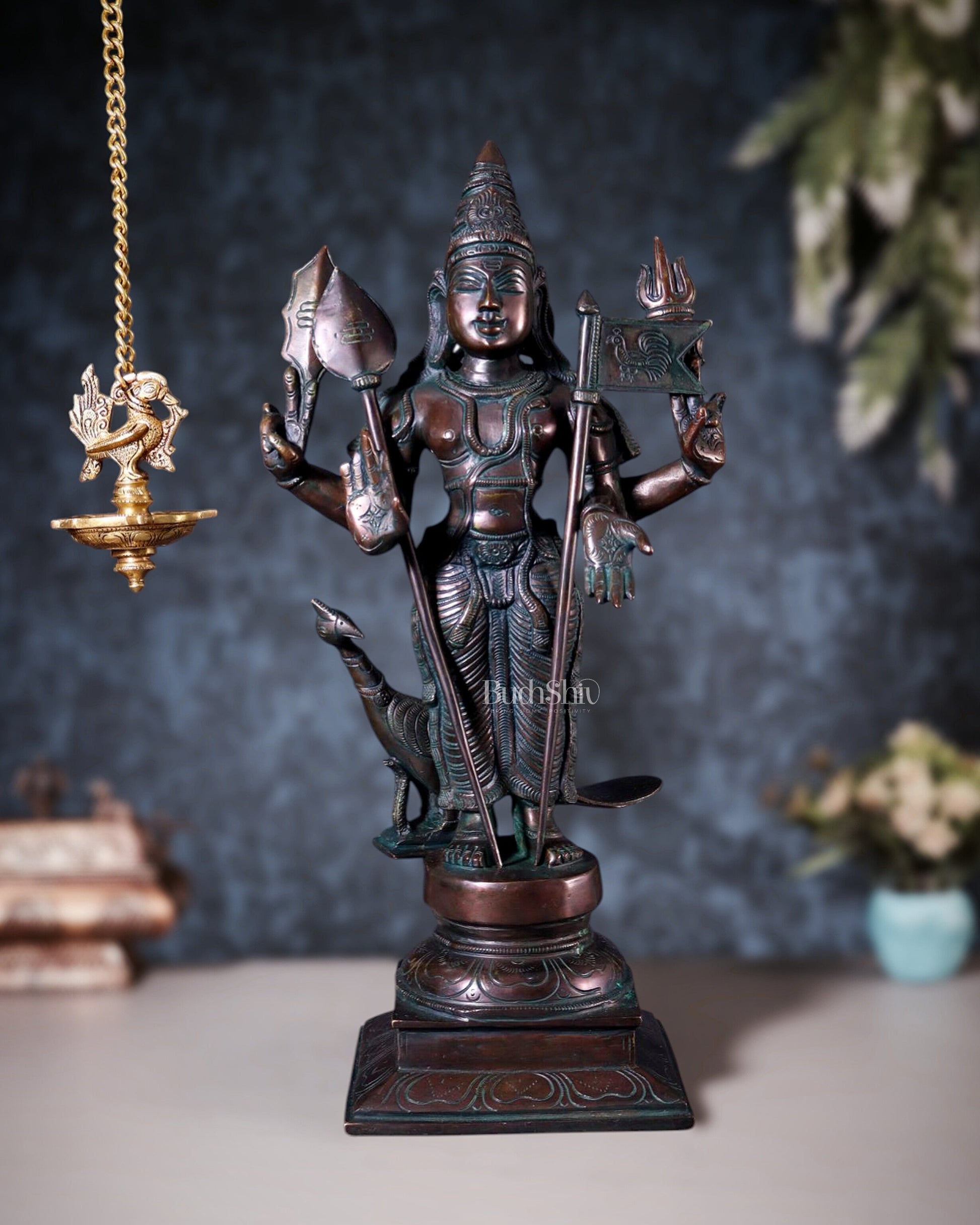 Pure Brass Lord Murugan Statue with Vel and Flag – Bronze Tone 21" - Sama Homes Idol - Brass Sculpture - Eco-friendly - Sama Homes