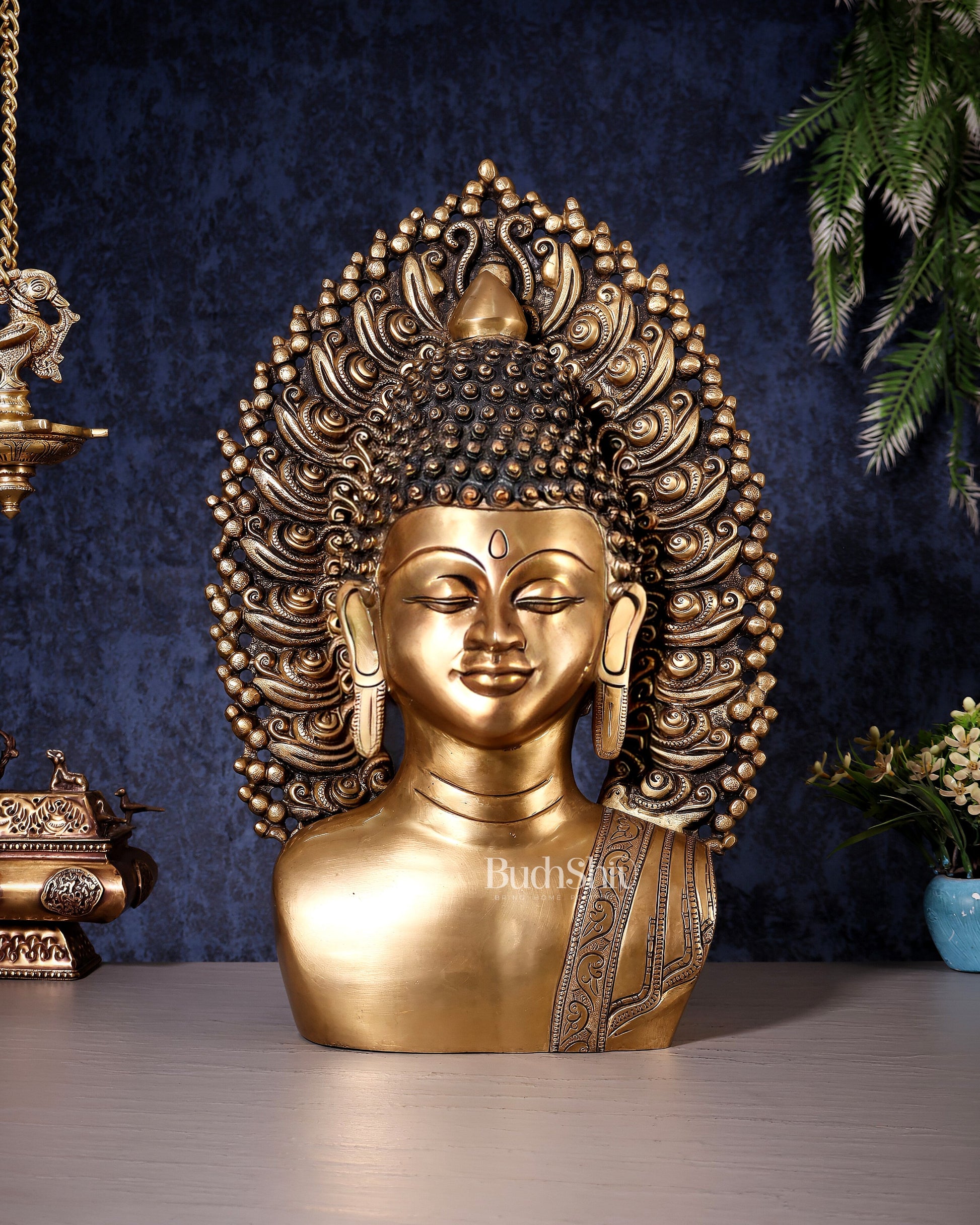 Pure Brass Large Buddha Bust Face Sculpture with Aureole Arch – 18.2" Height - Sama Homes Idol - Brass Sculpture - Eco-friendly - Sama Homes