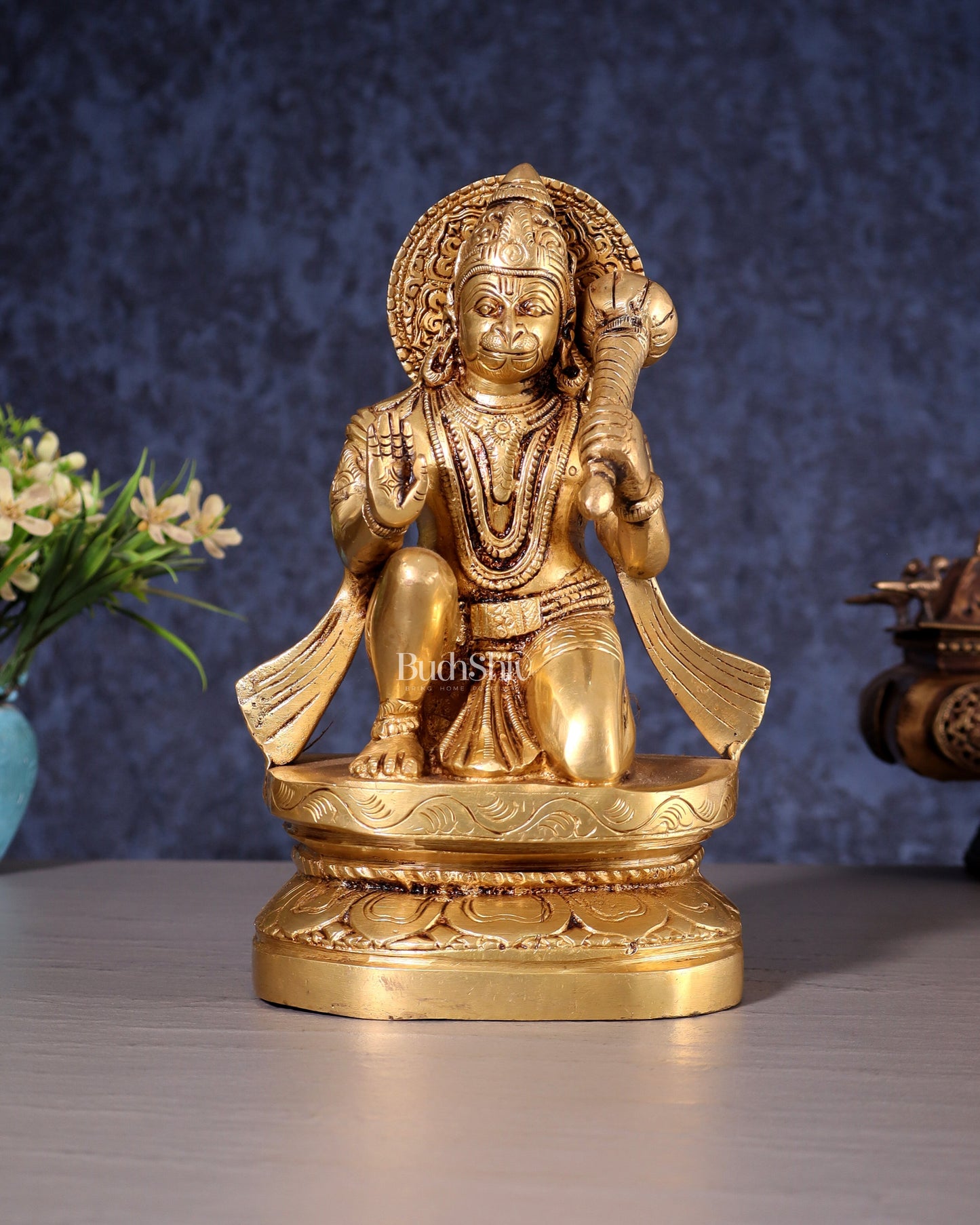 Pure Brass Blessing Hanuman Idol - 8" Enhanced carvings - Sama Homes Idol - Brass Sculpture