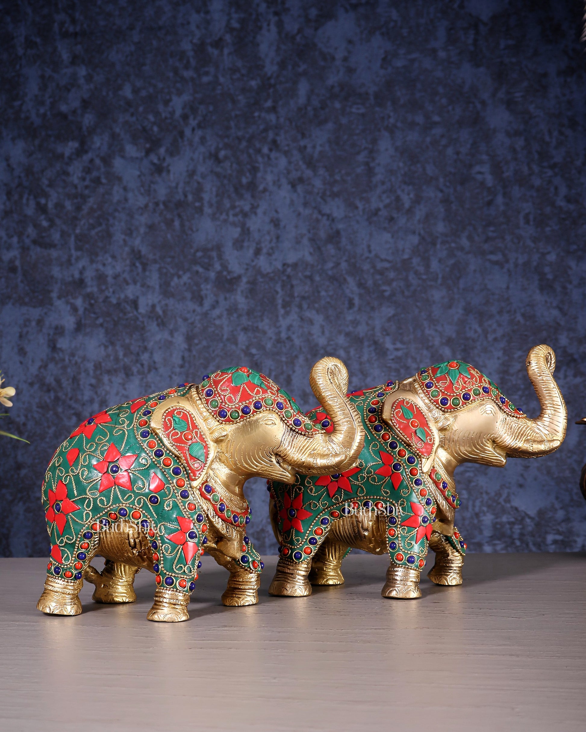 Brass Elephant Statue with Floral Stonework 7" pair - Eco-friendly - Sama Homes