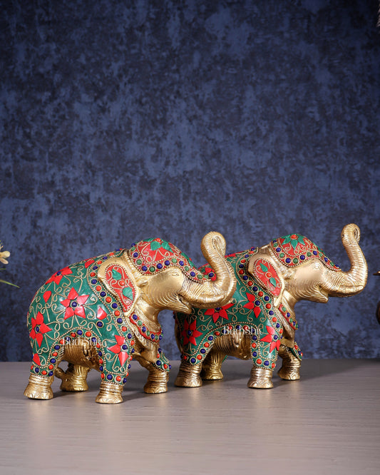 Brass Elephant Statue with Floral Stonework 7" pair