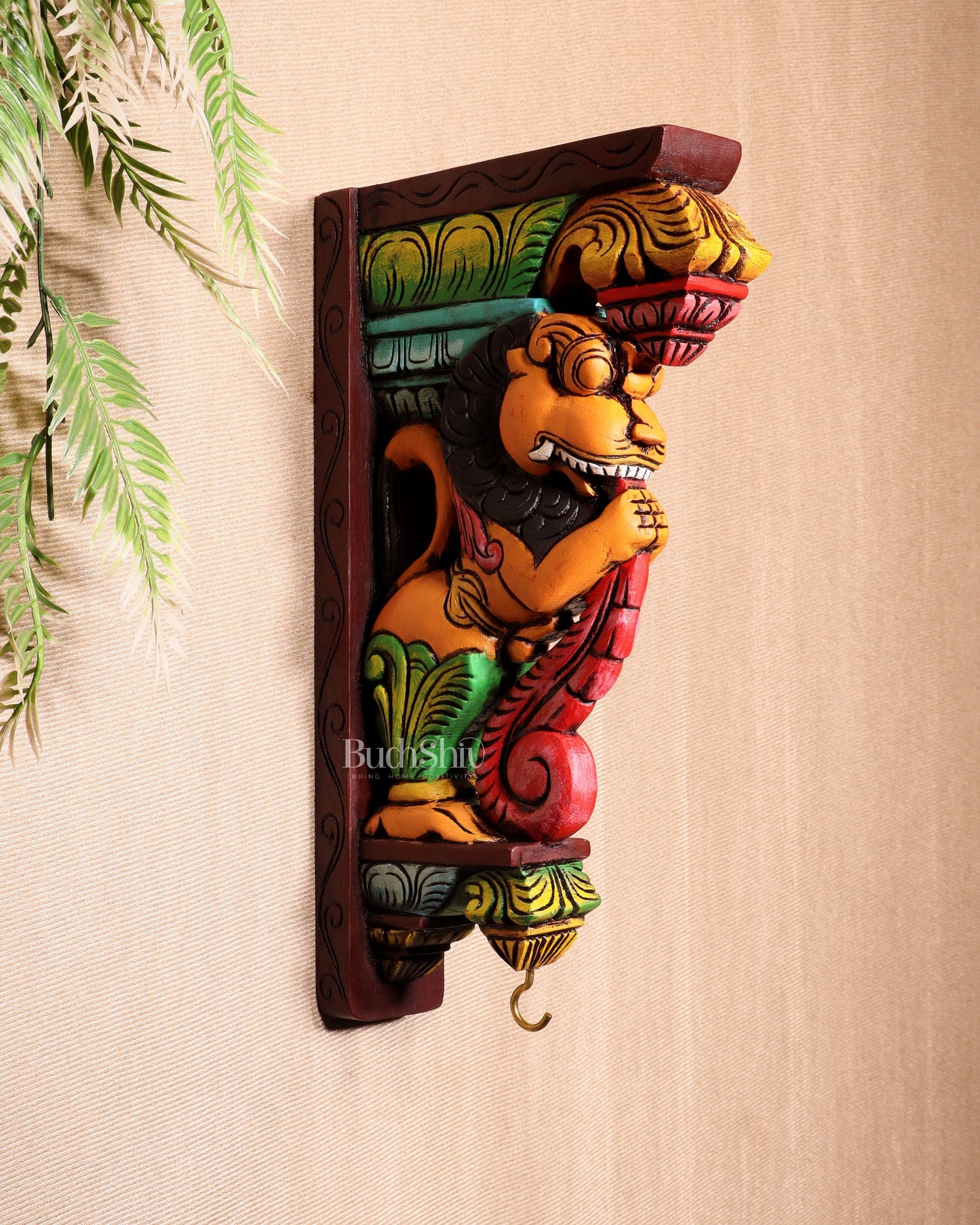 Yazhi (Yali) Wooden Wall Bracket – Handcrafted & Hand-Painted 13" - Sama Homes Idol - Brass Sculpture